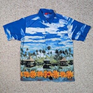 Mossimo Hawaiian Shirt Mens LARGE Aloha Flower Village Huts Palm Trees Blue Sky